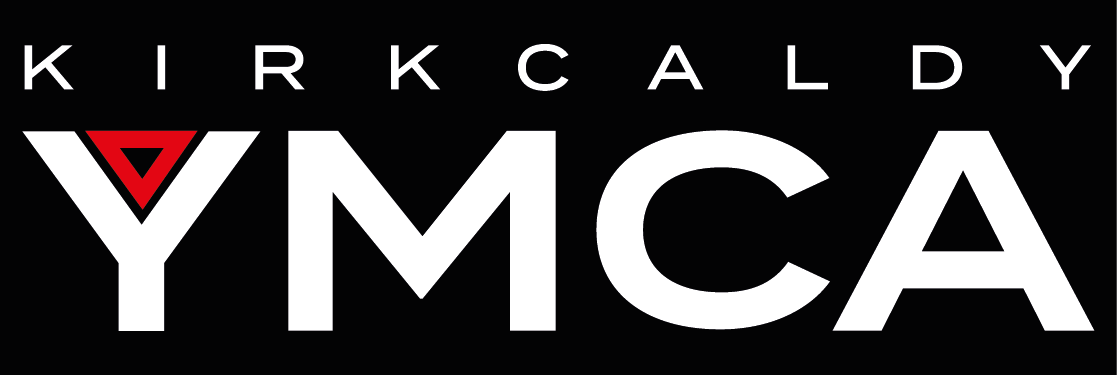 Kirkcaldy YMCA Logo, White Kirkcaldy YMCA text on a black background with a hollow red triangle in the top of the y of YMCA